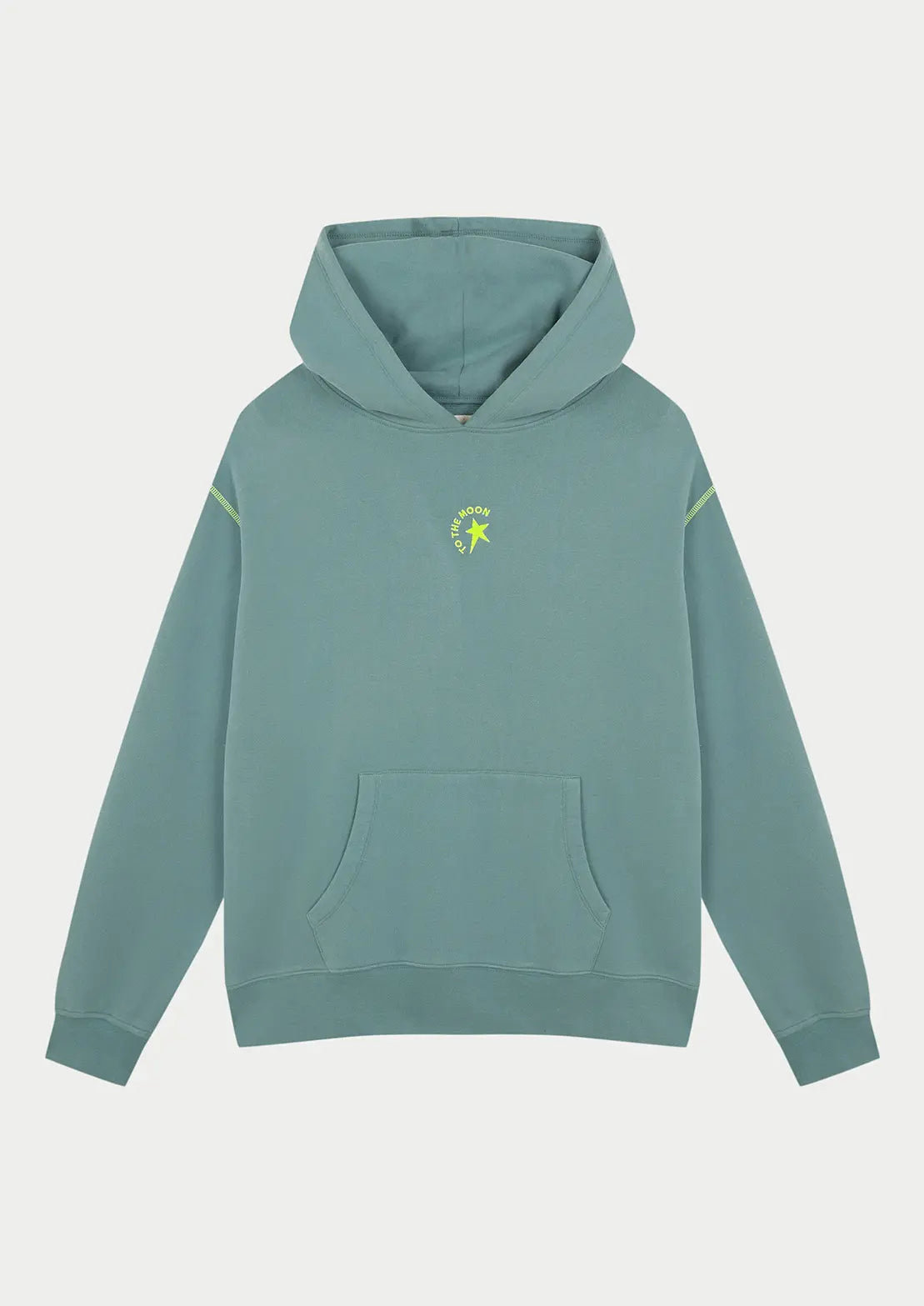 Hoodie color azul ocean estrellas flúor con capucha y bolsillo canguro ideal para teens de To the Moon. Estrellas amarillo flúor y verde serigrafiadas en la espalda.
