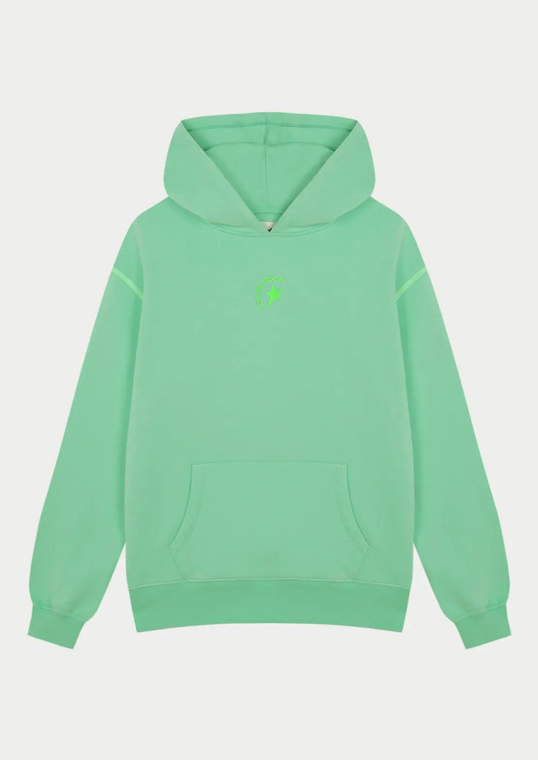 Hoodie color verde estrella verde flúor con capucha y bolsillo canguro ideal para teens de To the Moon. Estrella verde flúor serigrafiada en la espalda.
