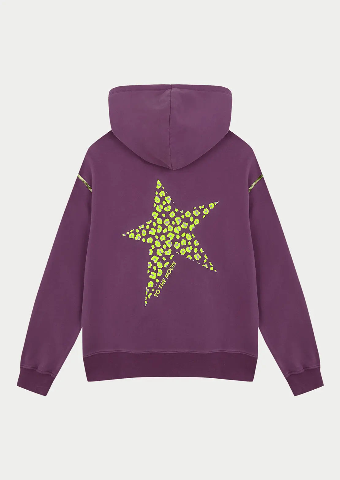 Hoodie ideal para teens en color morado, con capucha y bolsillo canguro de To the Moon. Serigrafía con estrella estampado leopardo en amarillo flúor en la espalda.
