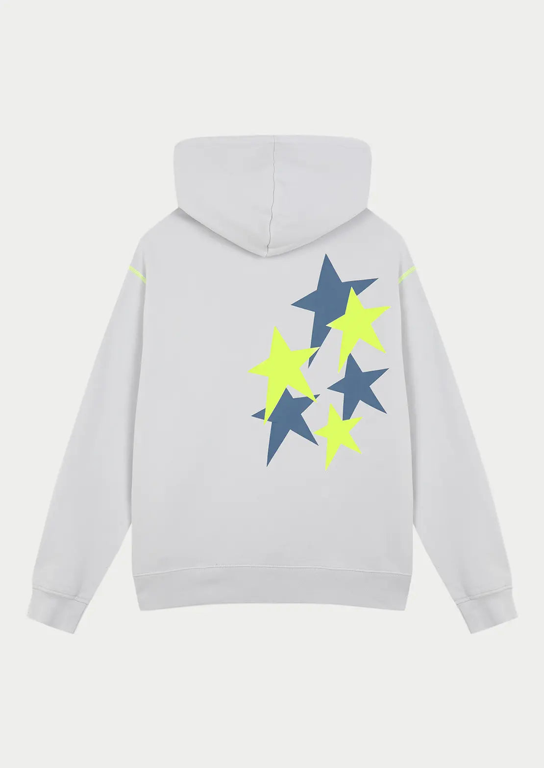 Hoodie Cosmos Ice Grey ideal para teens en color gris claro con capucha y bolsillo canguro de To the Moon. Serigrafía con estrellas gris y amarillo flúor en la espalda.

