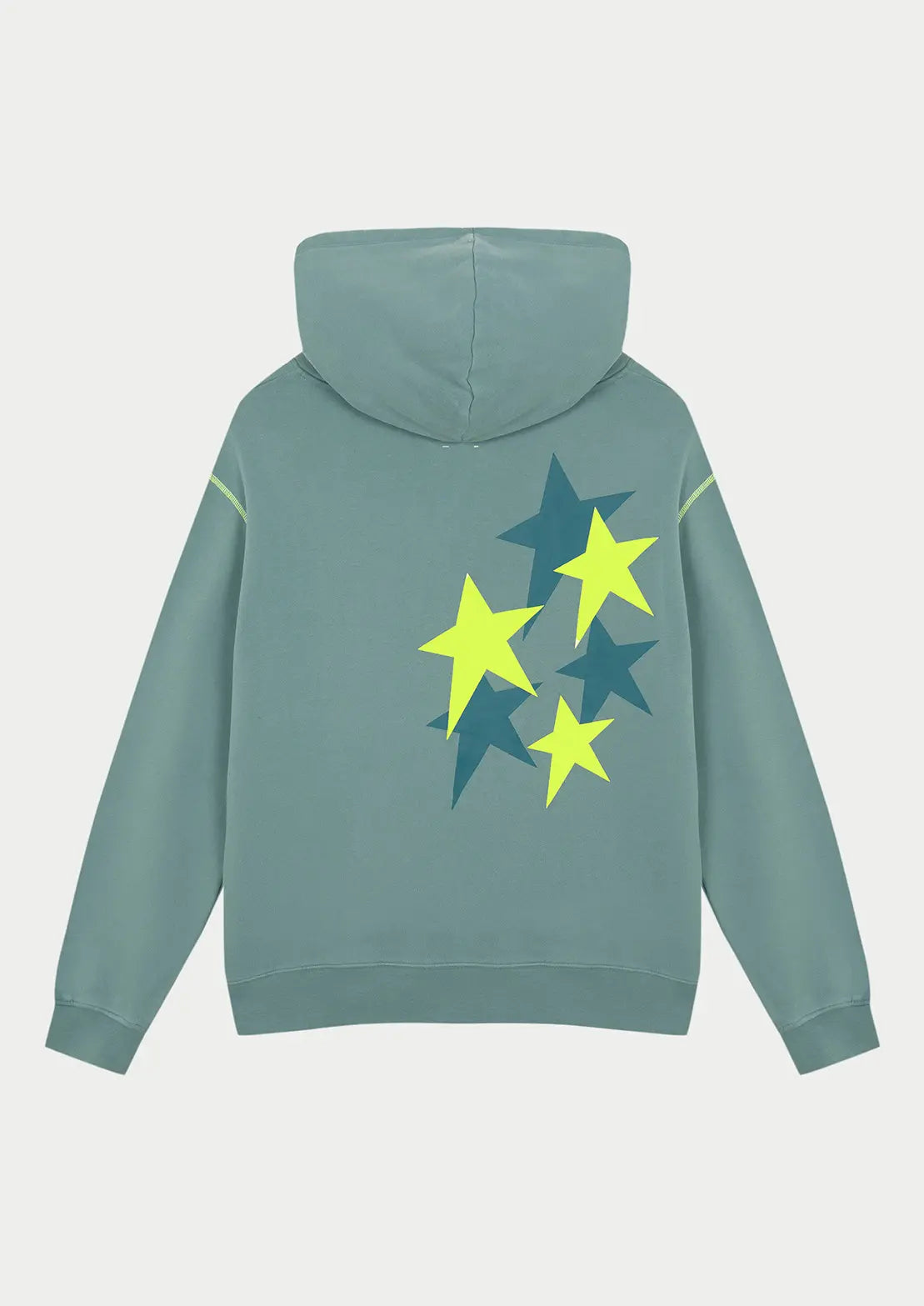 Hoodie Cosmos Ocean ideal para teens en color verde petróleo con capucha y bolsillo canguro de To the Moon. Serigrafía con estrellas verde y amarillo flúor en la espalda.
