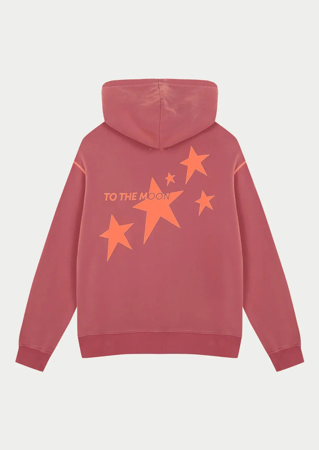 Hoodie stars Lava ideal para teens en color rojo con capucha y bolsillo canguro de To the Moon. Serigrafía con estrellas en naranja flúor en la espalda.
