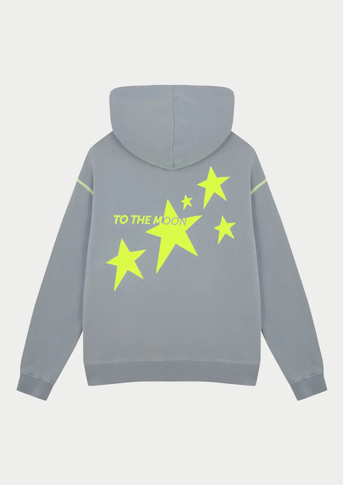 Hoodie stars smoke ideal para teens en color gris con capucha y bolsillo canguro de To the Moon. Serigrafía con estrellas en amarillo flúor en la espalda.
