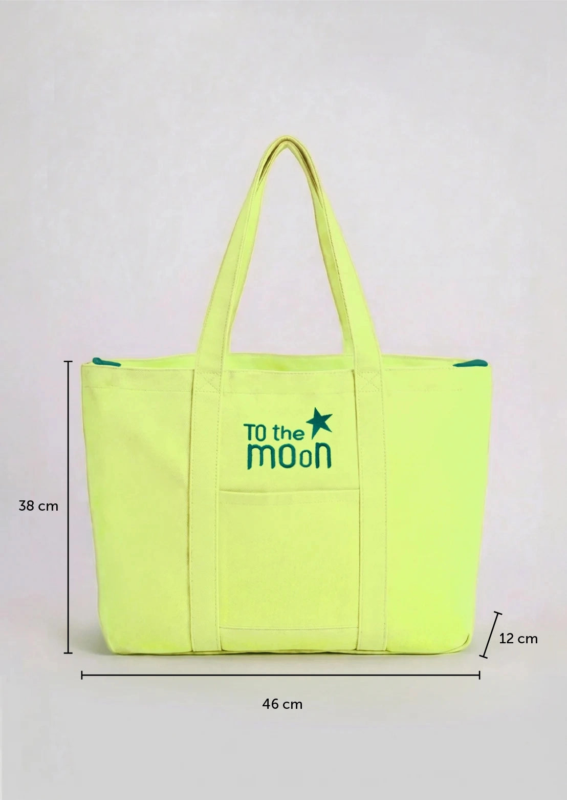 Medidas bolsa de playa en color amarillo flúor multiusos con cremallera de To the Moon ideal para niña y mujer.