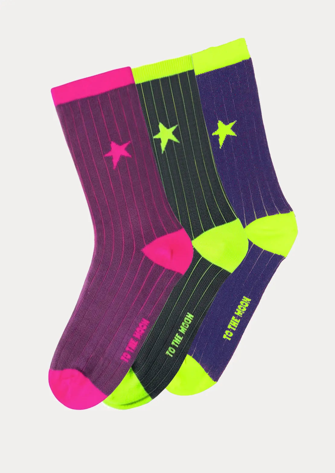 Pack trío de calcetines de To the Moon en canalé con toques flúor de caña baja.
