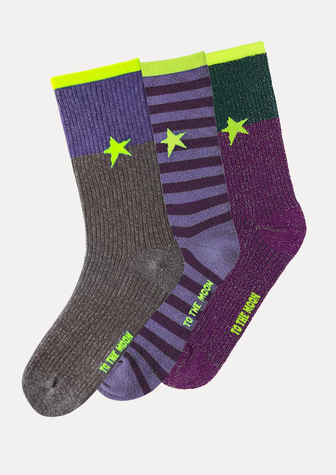 Pack trío de calcetines mix de To the Moon con lurex y toques flúor de caña baja.
