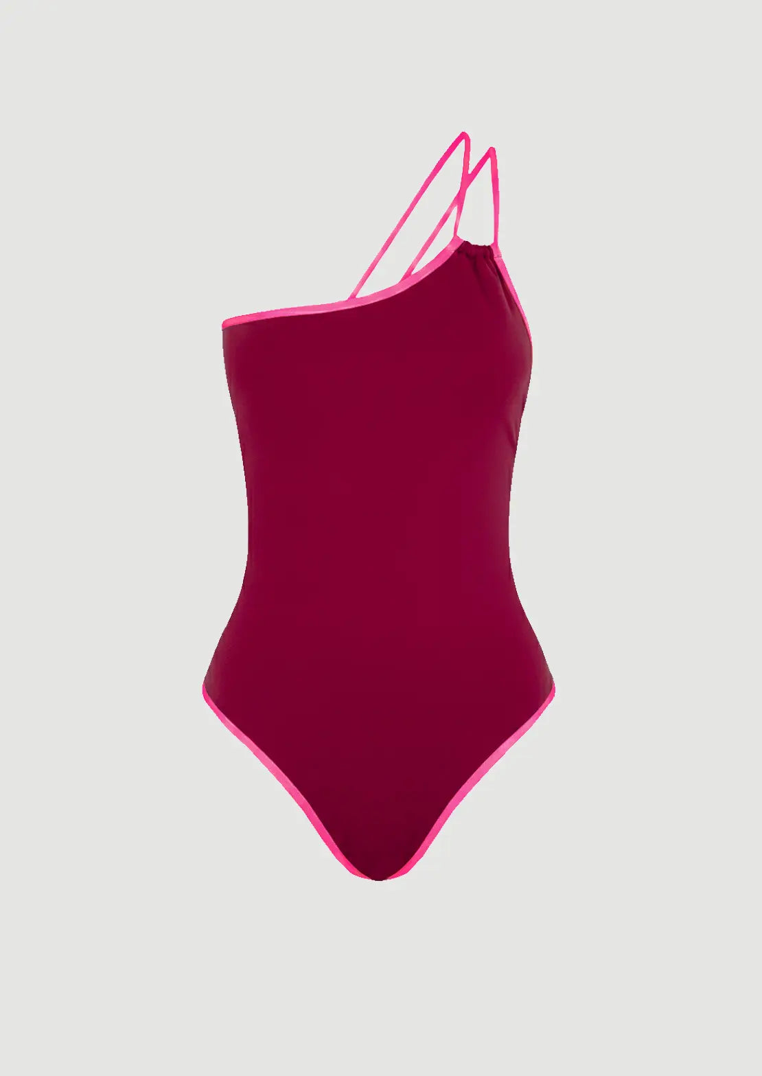 Silueta del Bañador Bali Cherry de To The Moon en color cereza y vivos en coral flúor sobre fondo blanco.
