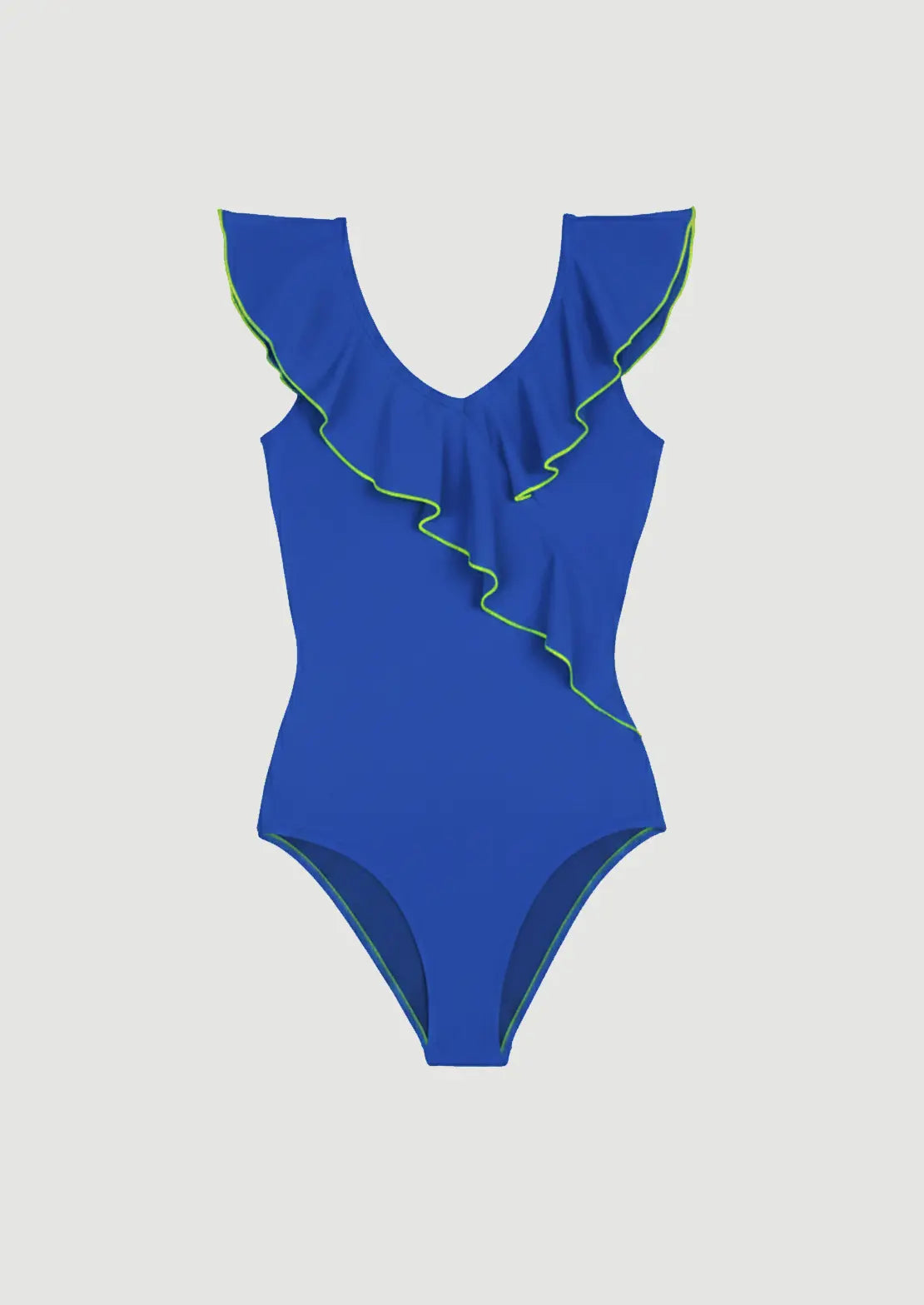 Silueta del Bañador Broadway Azul mujer de To the Moon con volantes en hombros y remallado en contraste.
