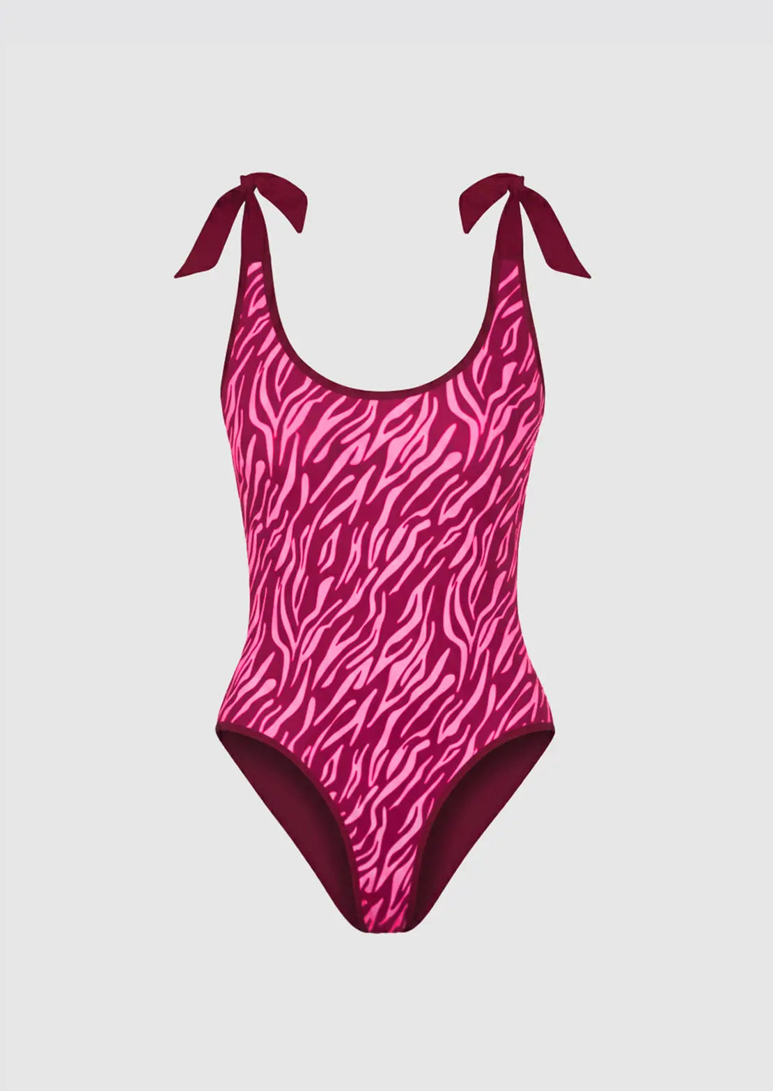 Silueta del Bañador Classic Cebra Pink de To the Moon con estampado cebra y vivo en color granate.
