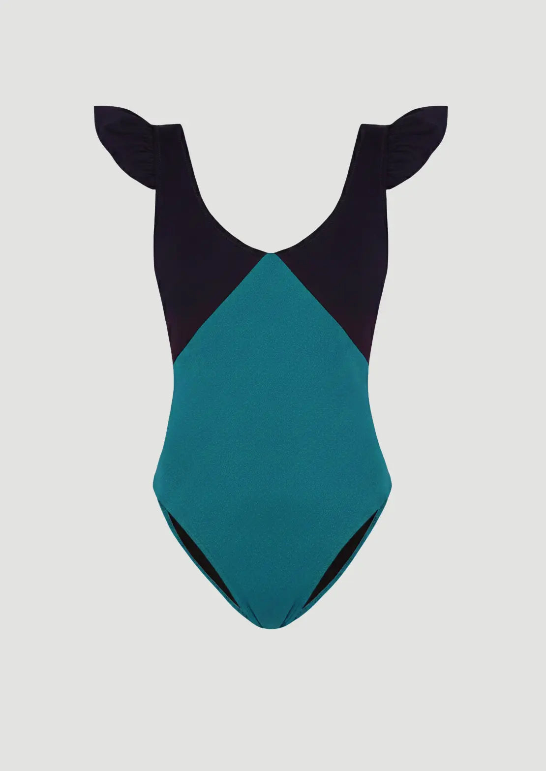 Silueta del Bañador Volantes Lurex Ocean de To The Moon en azul petróleo sobre fondo blanco.
