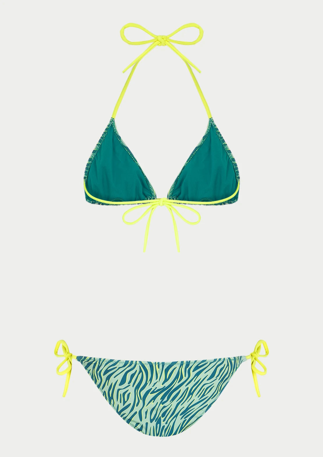 Silueta del bikini cortinilla para mujer y teen color verde y amarillo flúor estampado cebra de To the Moon.
