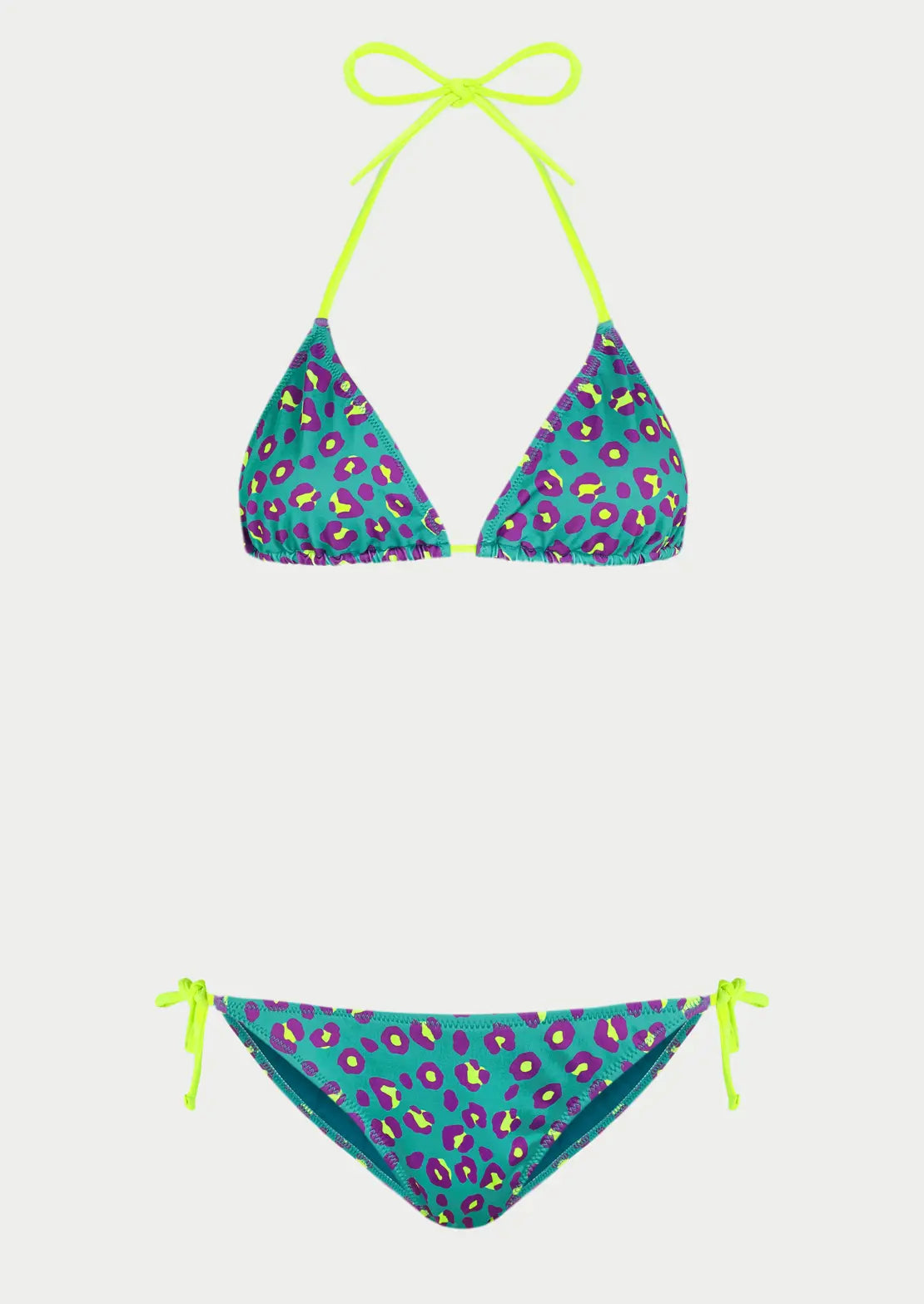 Silueta de bikini de To the Moon para mujer y teen, cortinilla estampado leopardo aqua en azul y morado con toques neón.
