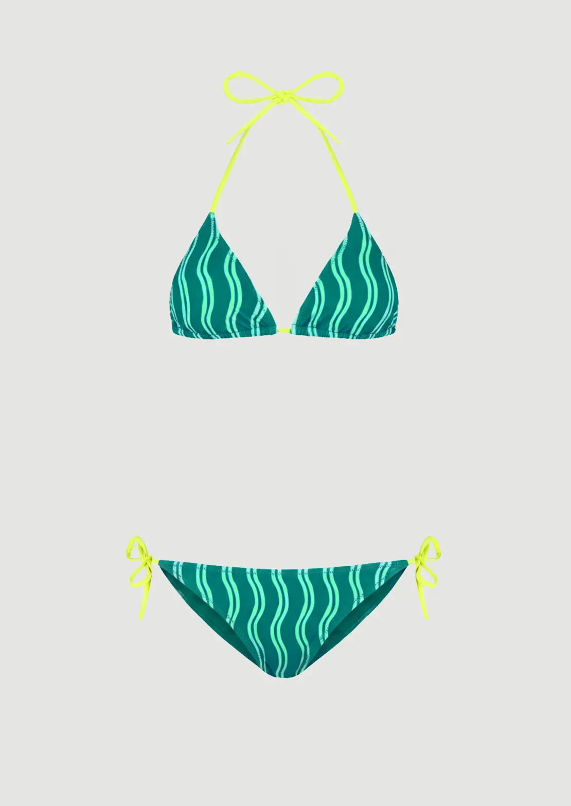 Silueta del Bikini Cortinilla Waves Aqua de To The Moon con estampado de ondas sobre fondo blanco.
