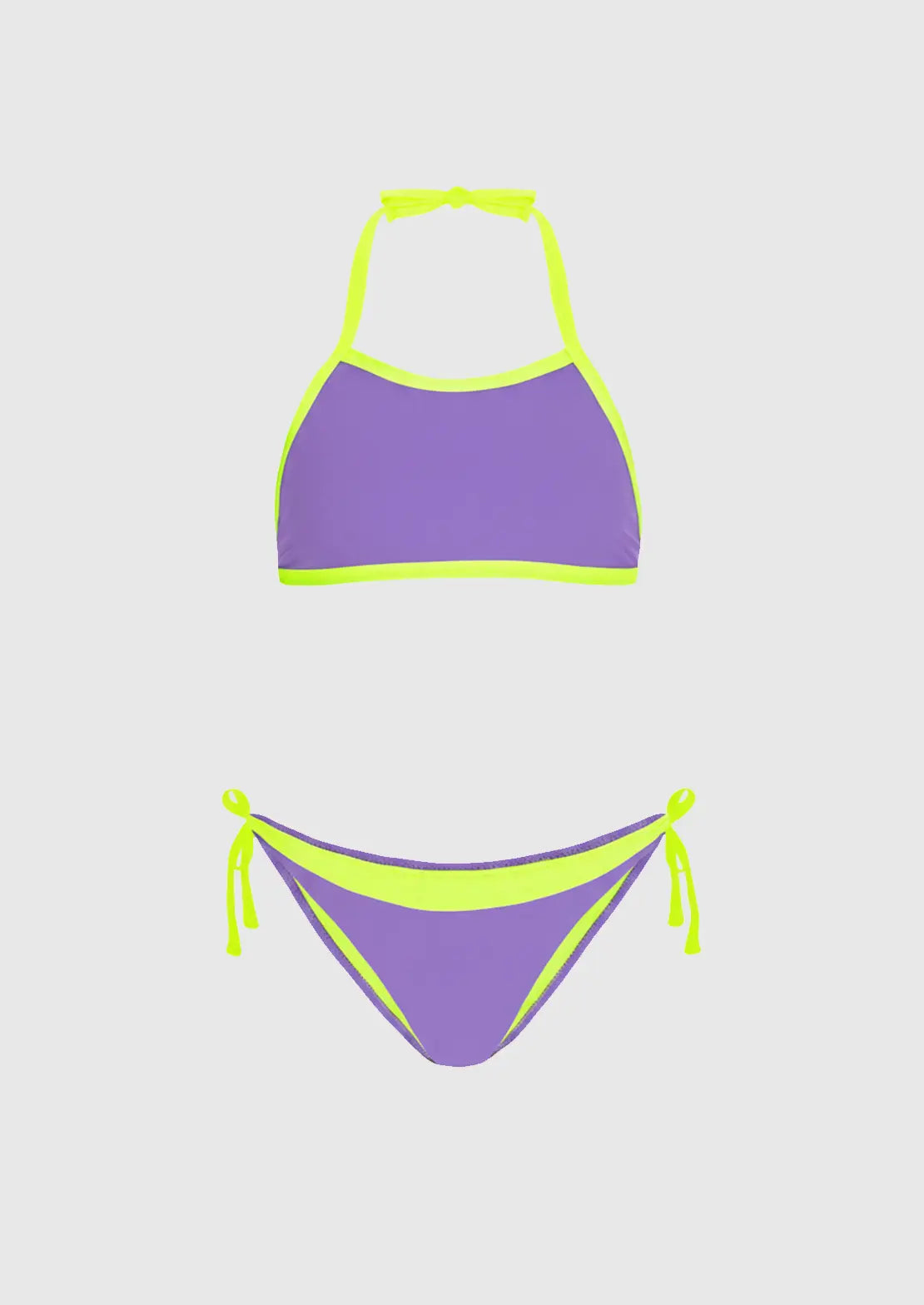Silueta del bikini halter malva y amarillo flúor de To The Moon sobre fondo blanco para mujer y teen verano 2026.
