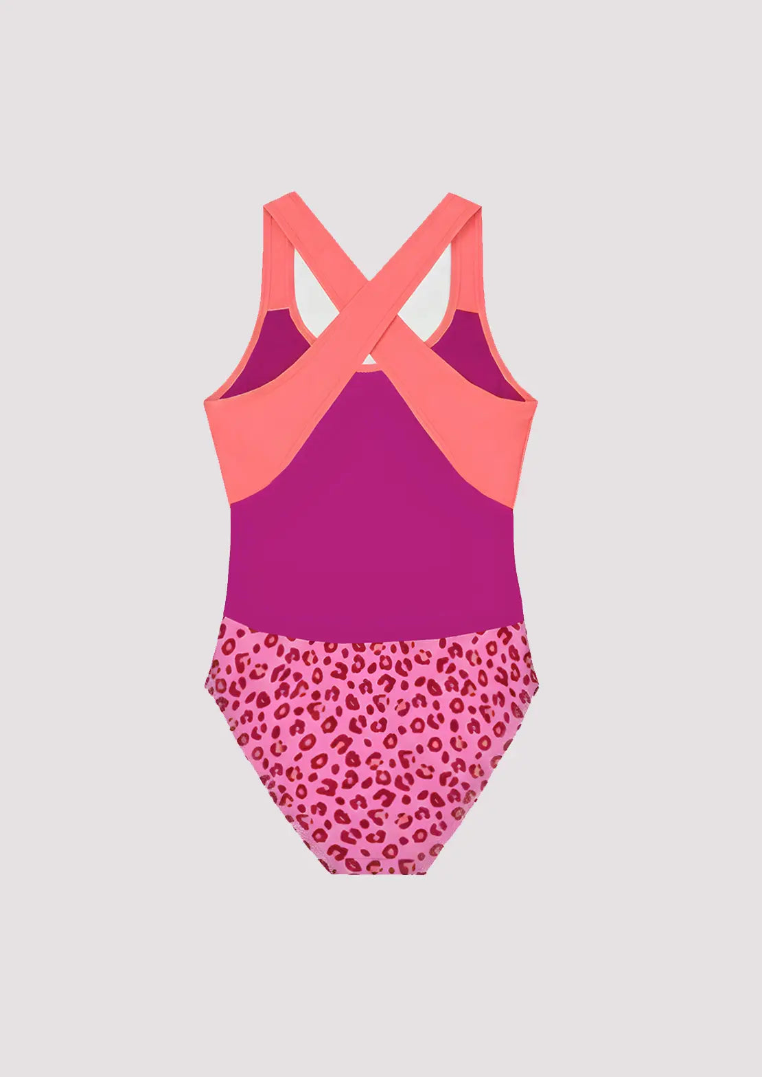 Silueta de la parte trasera del bañador Cross estampado Leopardo Rosa para niñas y adolescentes. 
