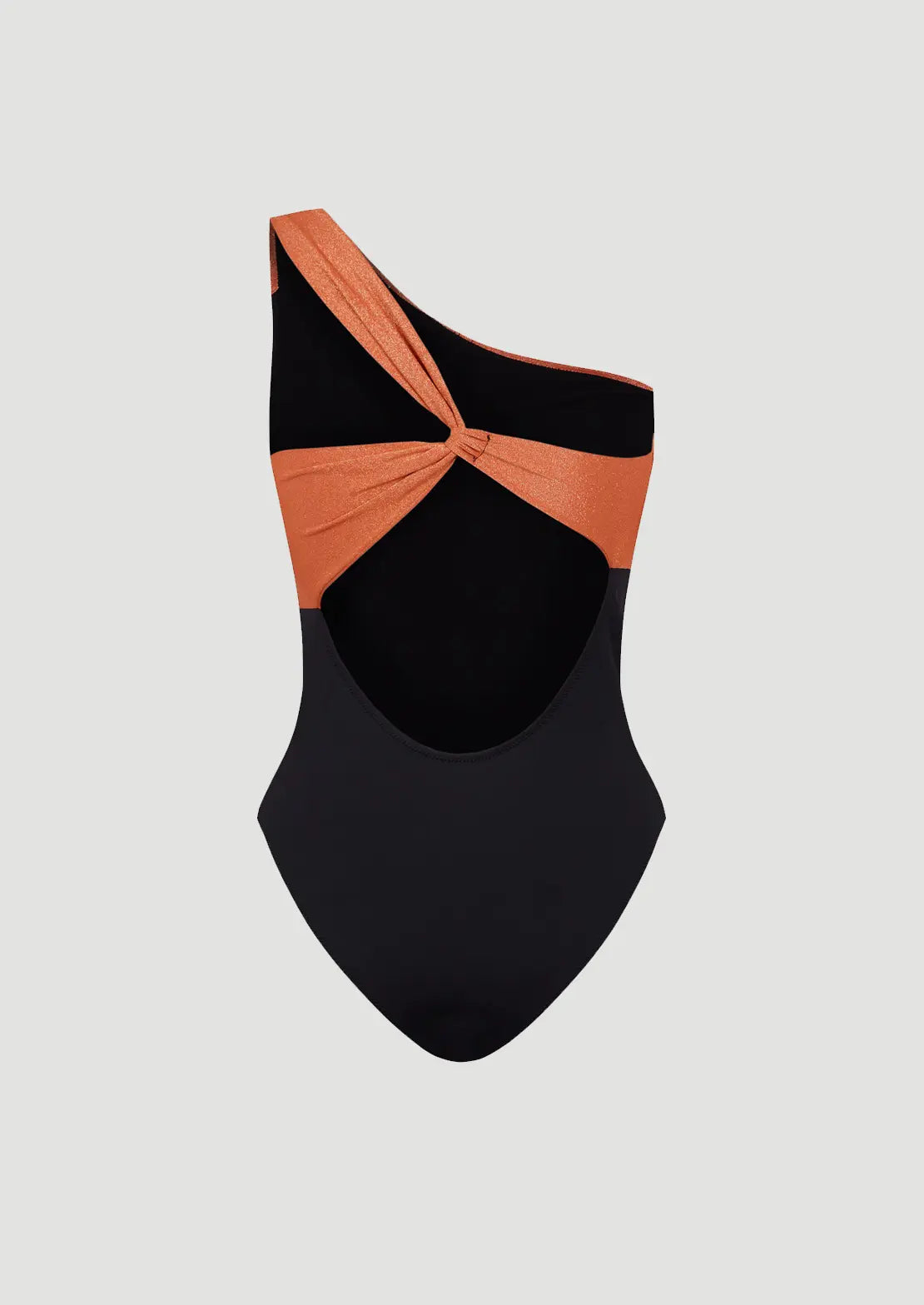 Silueta parte trasera del traje de baño Moonlight Bronze de To the Moon asimétrico con cuerpo negro y lúrex bronze.
