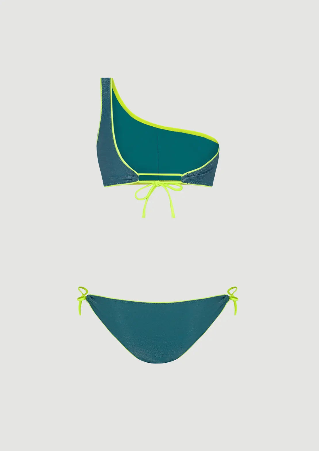 Silueta parte trasera traje de bano de dos piezas Asimétrico Lurex Azul Petróleo
