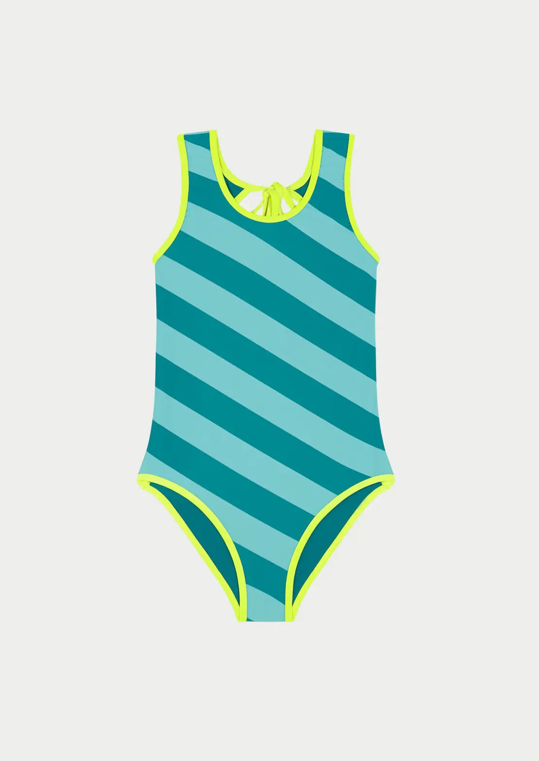 Silueta del traje de baño Bardot Rayas Aqua con contrastes amarillo neon sobre fondo blanco para niñas y teens
