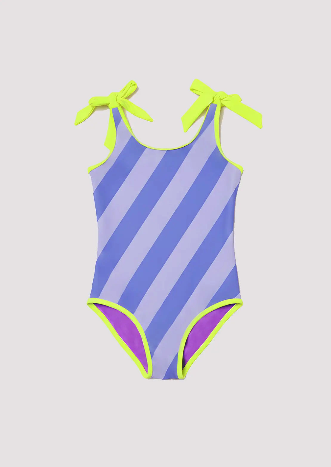 Silueta de la parte trasera del bañador Classic Girl Rayas Malva estampado rayas con lazadas ajustables en hombros.
