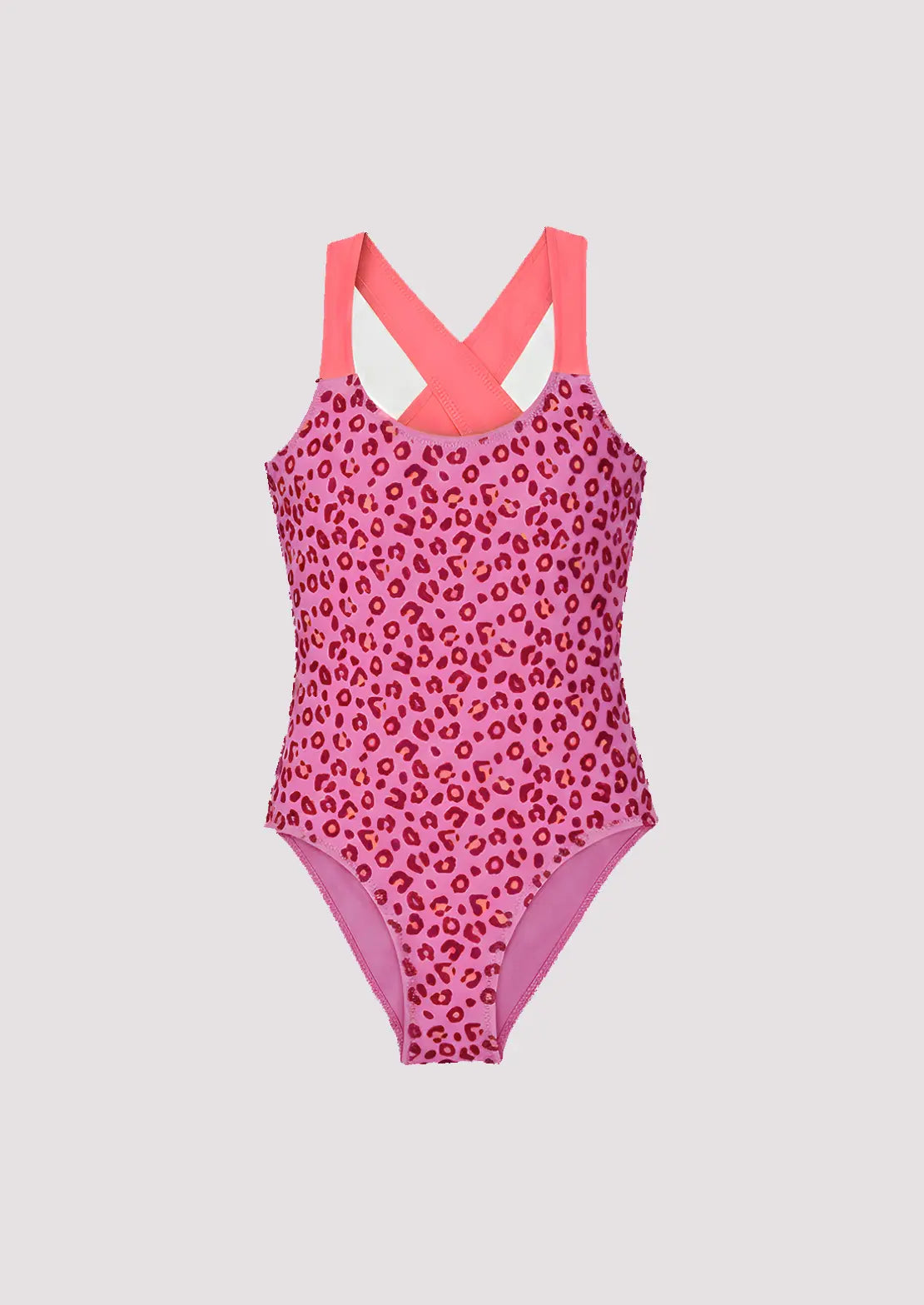 Silueta del traje de baño Cross Leopardo Rosa sobre fondo blanco para niñas y adolescentes. 
