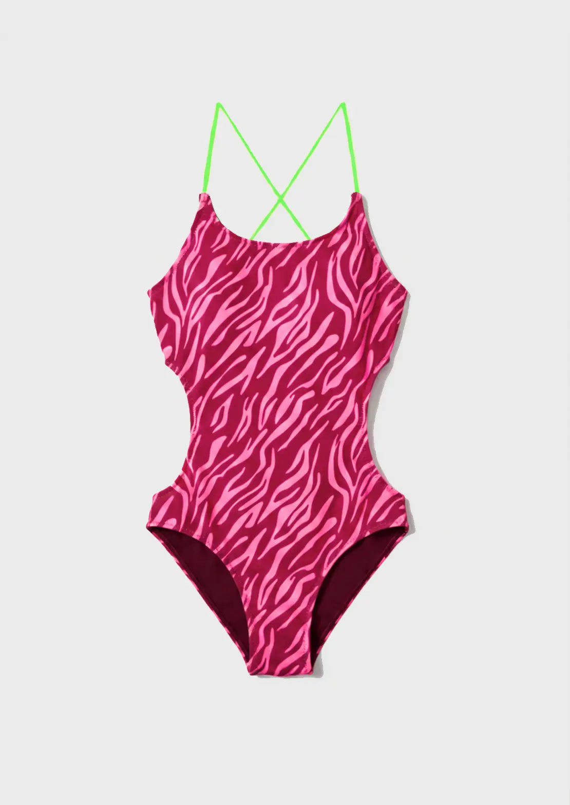 Silueta del traje de baño trikini Cebra Pink sobre fondo blanco para niñas y teens de To the Moon
