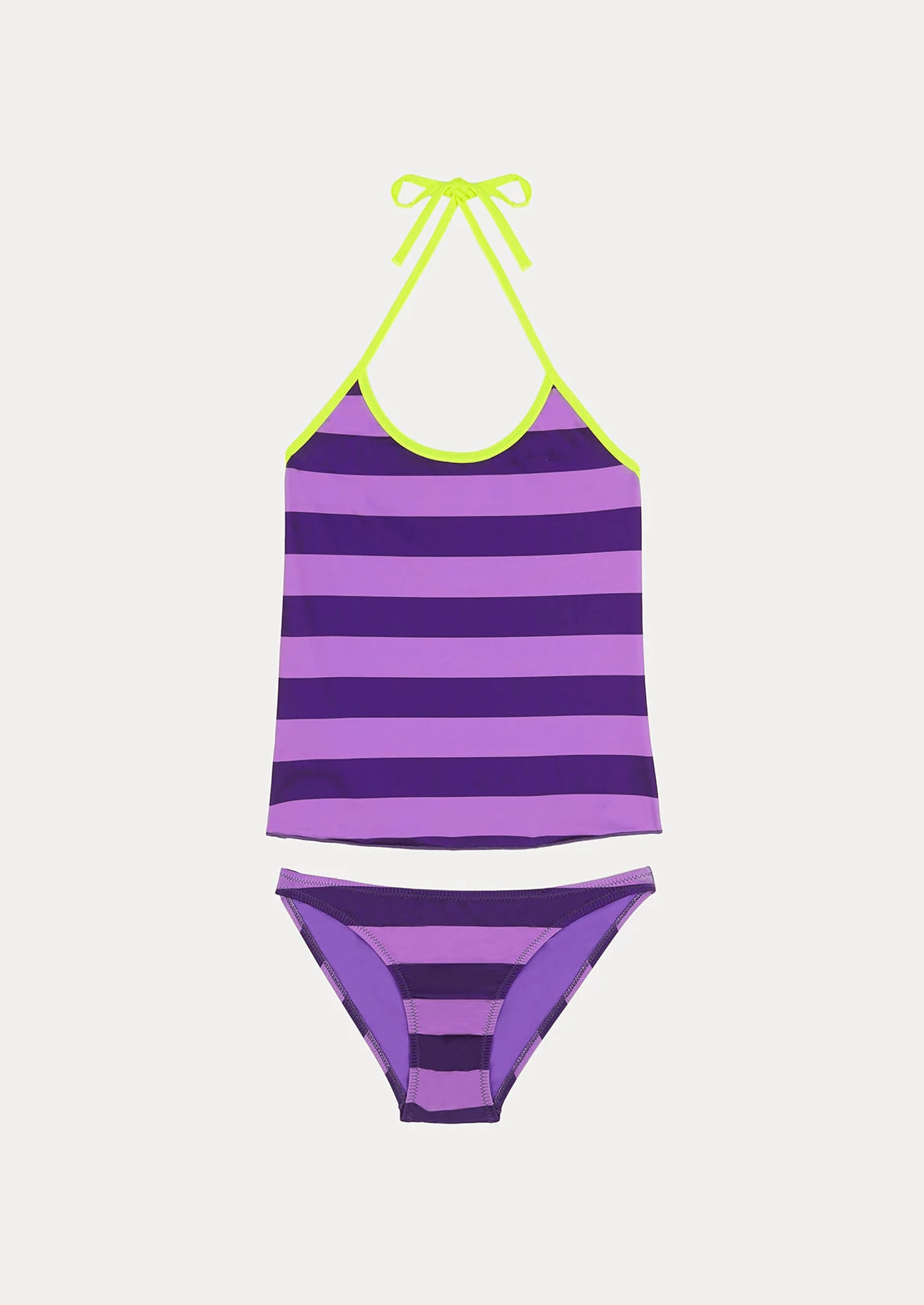 Tankini para niñas y teens modelo Rayas Moradas de To the Moon en lila con contrastes en amarillo neón
