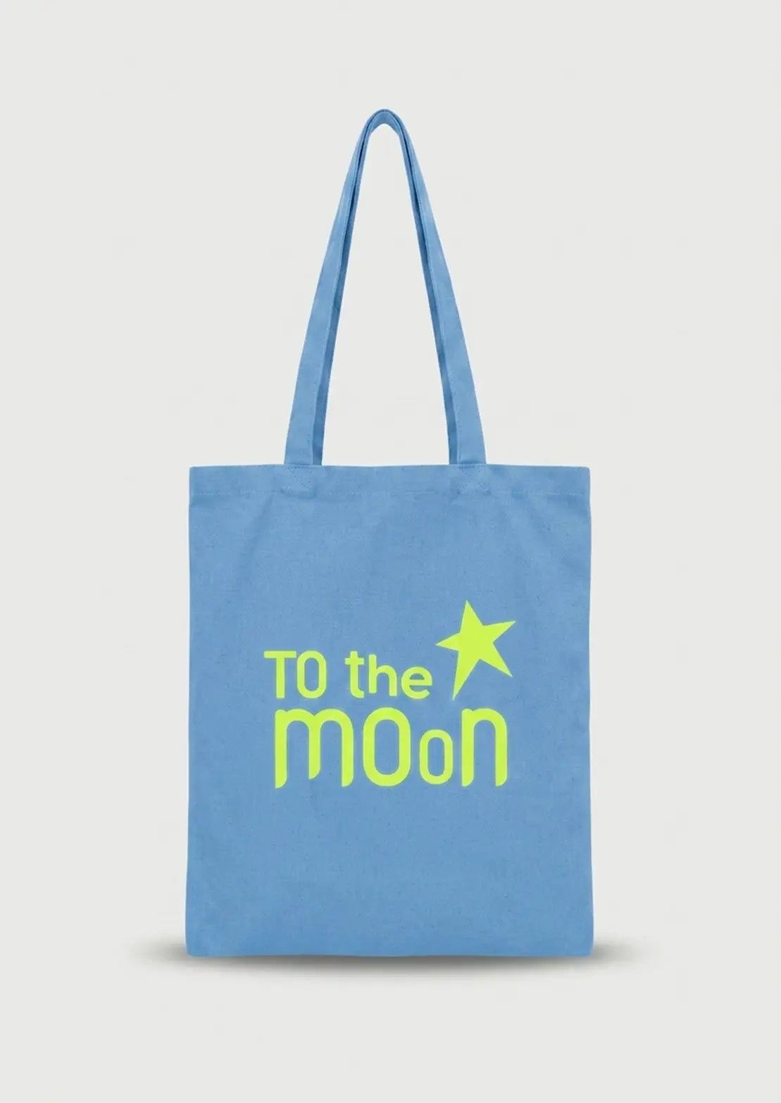 Tote Bag azul con logo en amarillo neón de To the Moon.