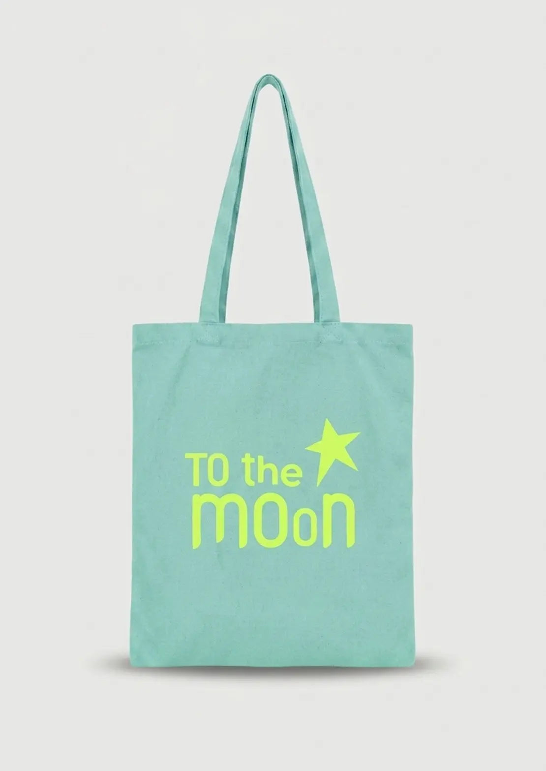 Tote Bag verde con logo en amarillo neón de To the Moon.