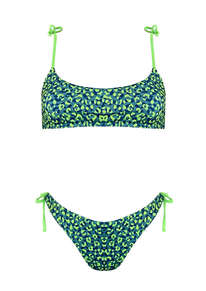 bikini top animal print verde flúor con braguita y top ajustables. Bikini teen colección verano 2023